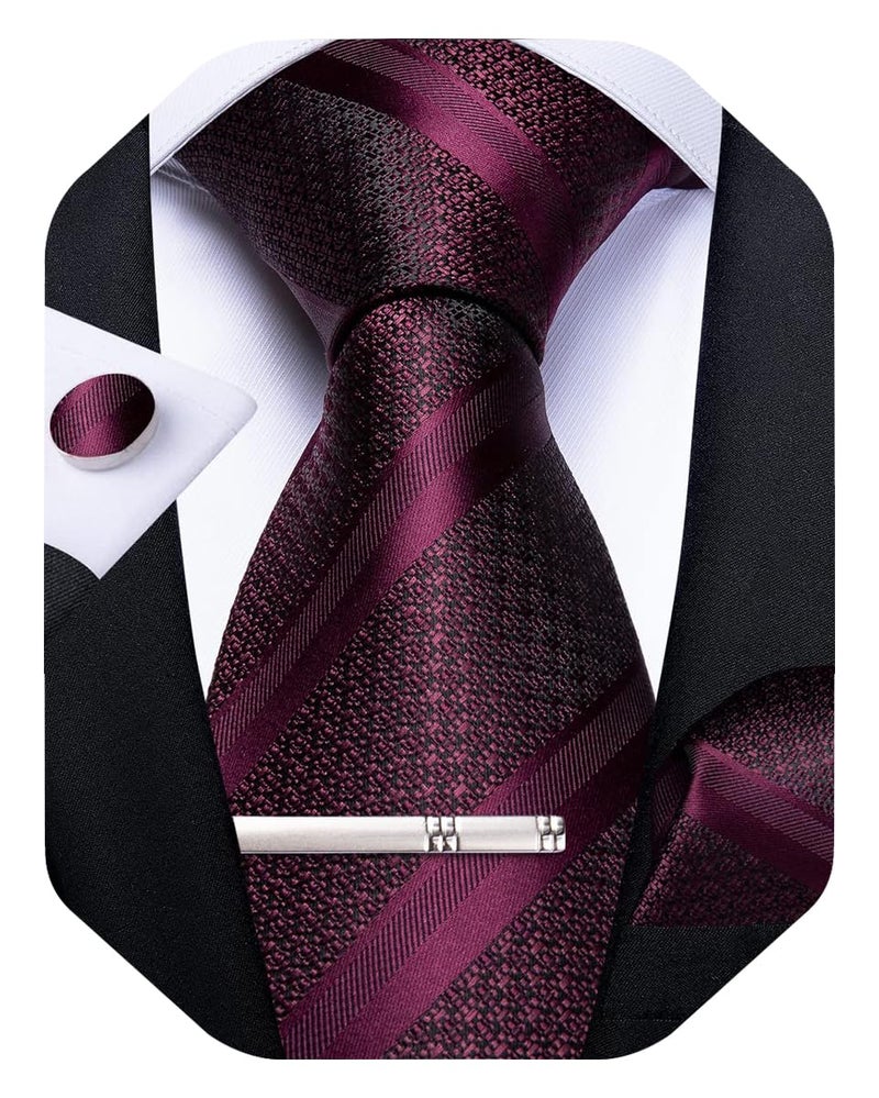 DiBanGu Mens Striped Tie Silk Woven Necktie and Pocket Square Cufflinks Tie Clip Set Wedding Business Formal, Burgundy - Image 1